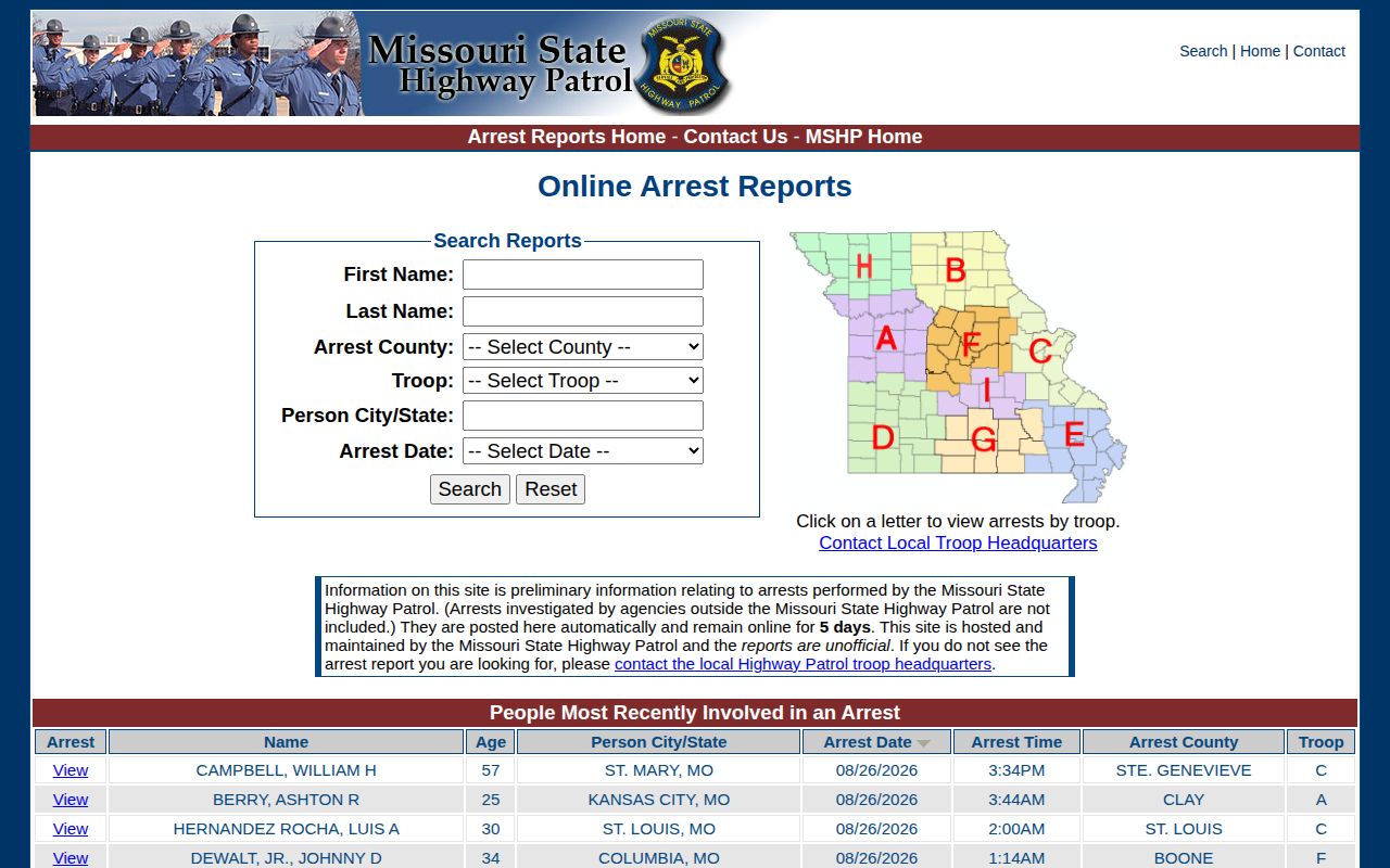 Wayne County Missouri State Highway Patrol arrest search