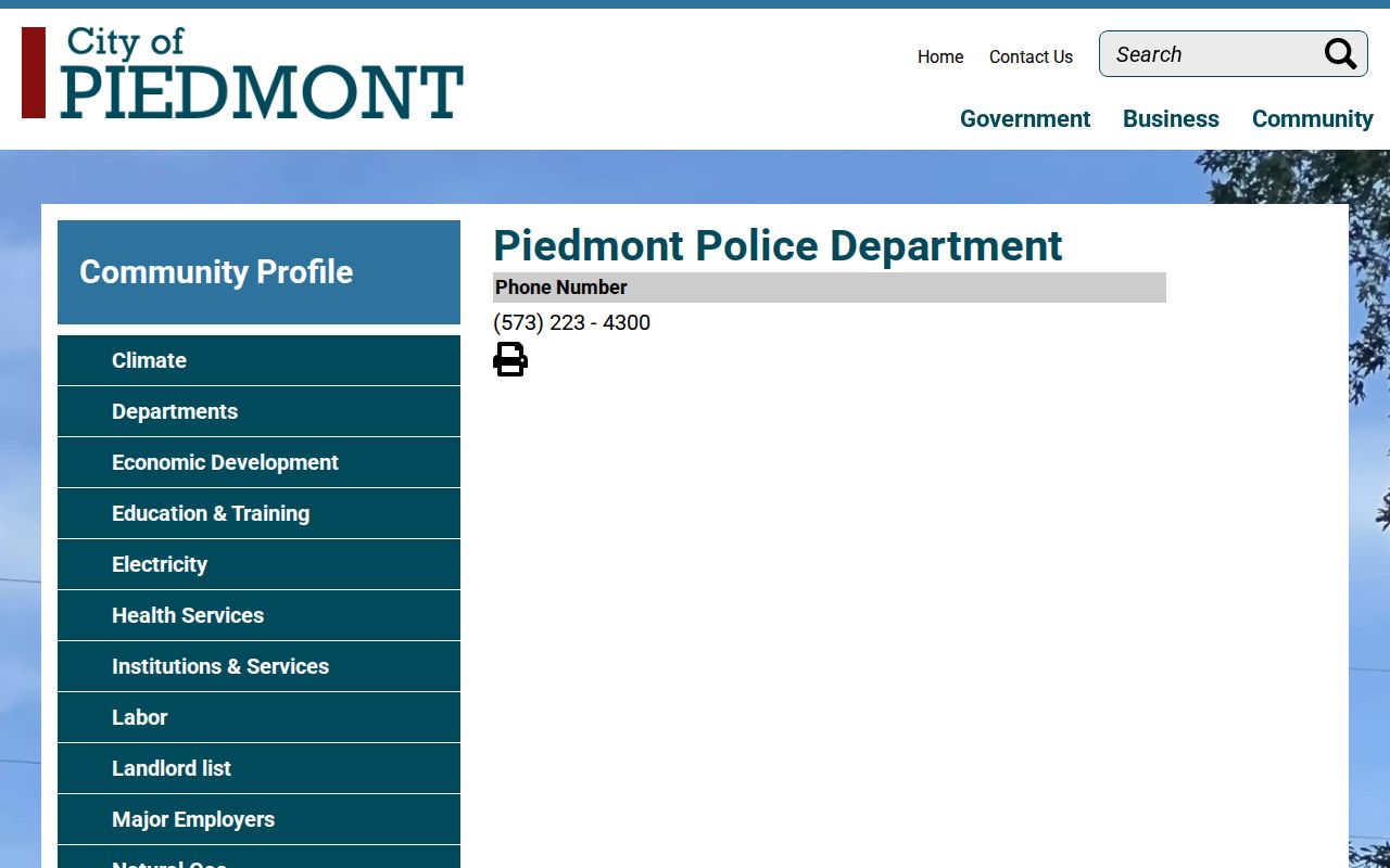 Piedmont Police Department official city directory listing